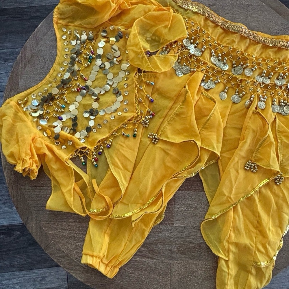 Yellow Belly Dance Costume Set with Coins and Beads